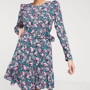 & Other Stories floral print mini dress Purple Black Long Sleeve Ruffle